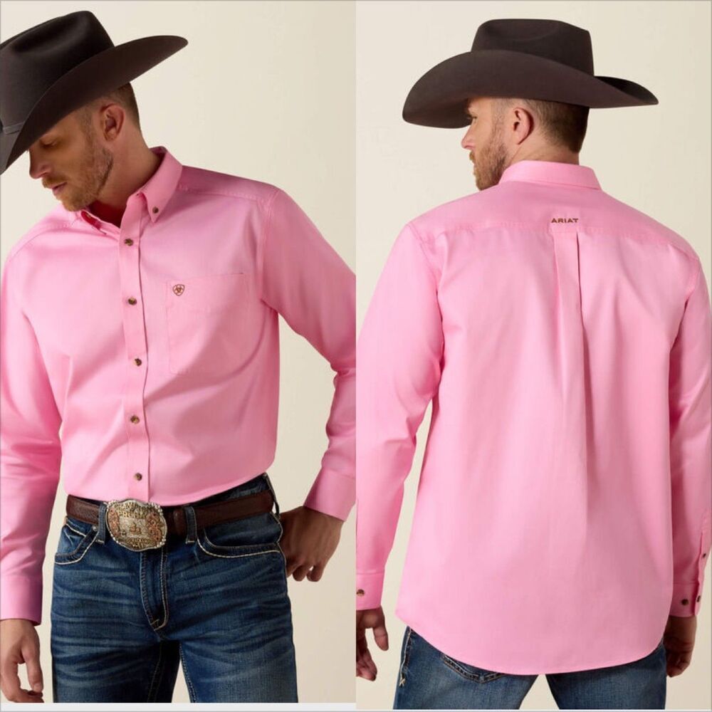 Ariat Men's Solid Twill Classic Fit Button Down Shirt Size XL Prism Pink Cotton